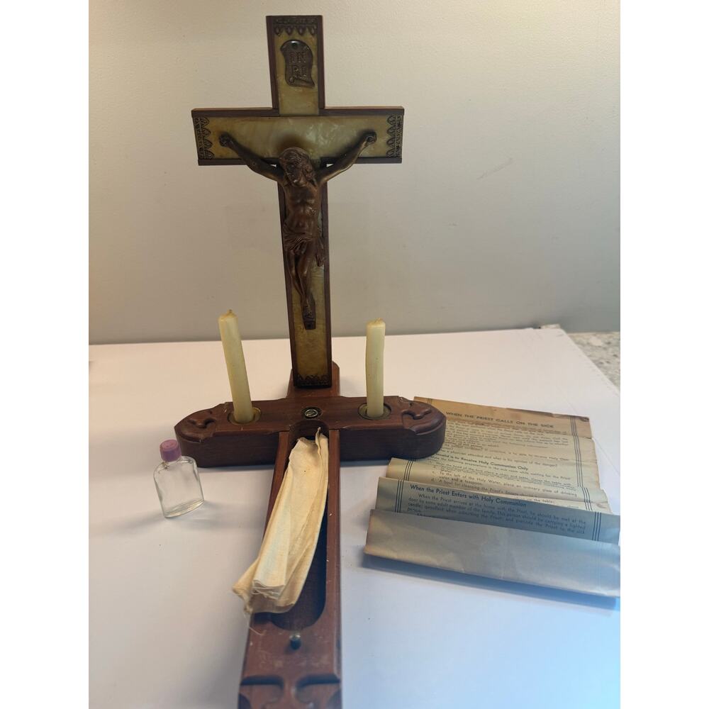 Vintage Last Rites Crucifix Mother of Pearl Wood Hidden Storage Original Pieces